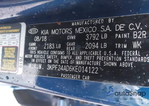 2019 Kia Forte Lxs from USA, damaged, VIN 3KPF24AD6KE014122